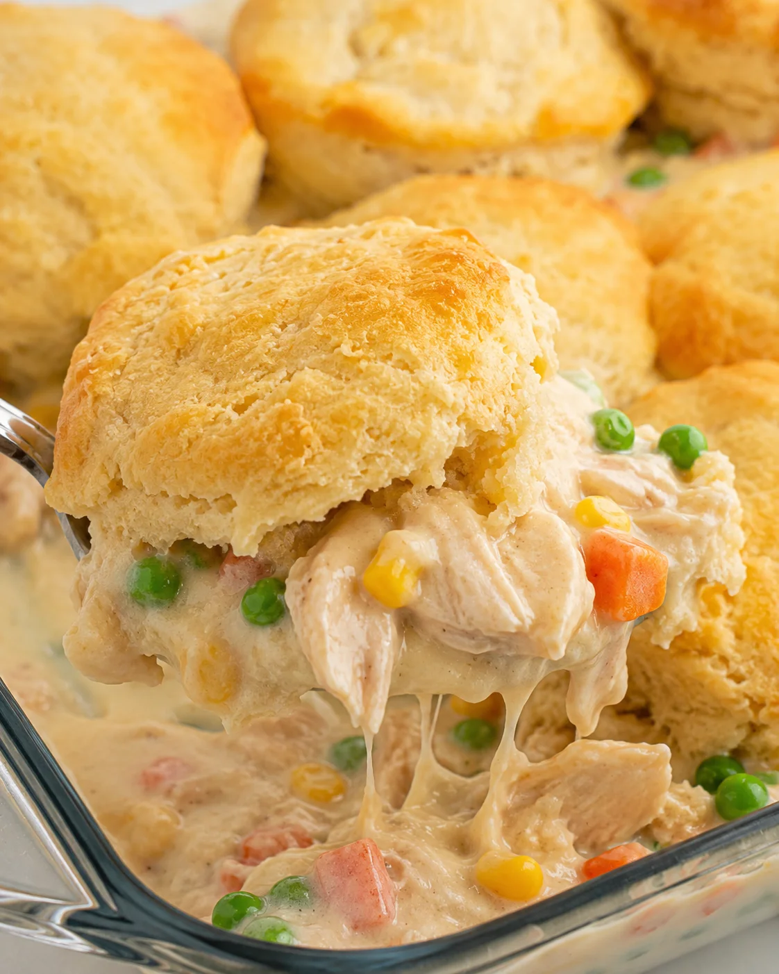 Creamy chicken pot pie casserole with flaky biscuit topping baking in a dish