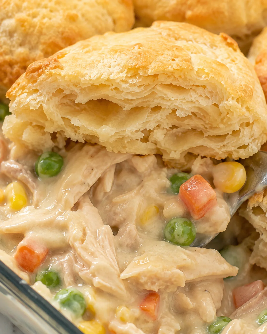 Close-up of creamy chicken and veggie filling topped with flaky biscuits.