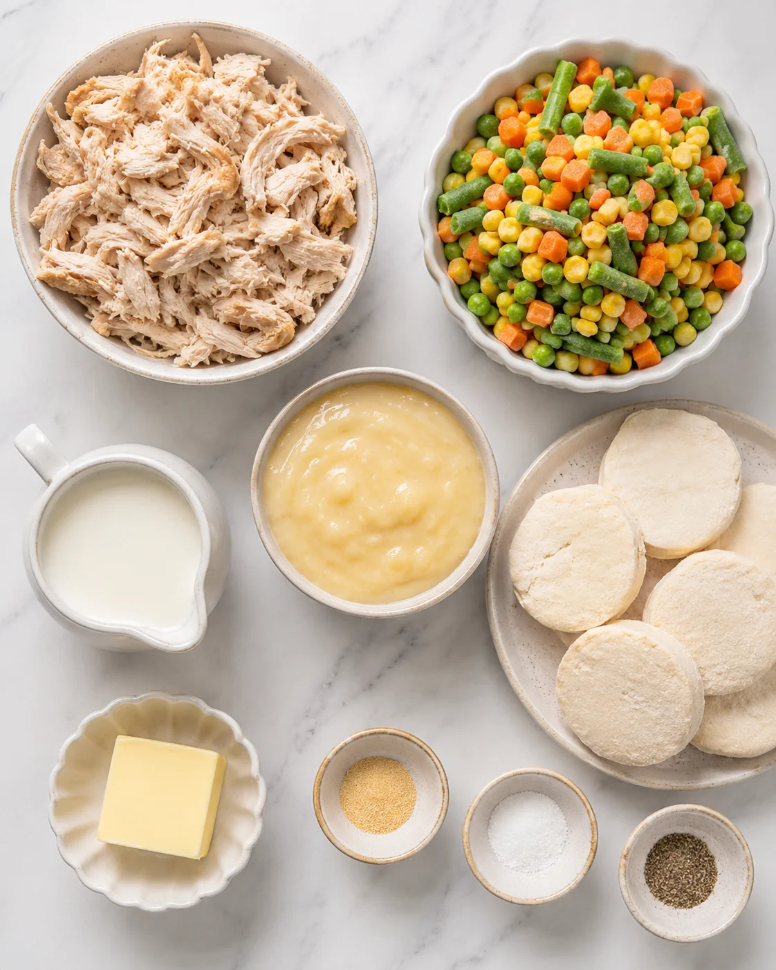 Delicious chicken pot pie casserole topped with flaky, buttery biscuits, served in a 9x13 dish