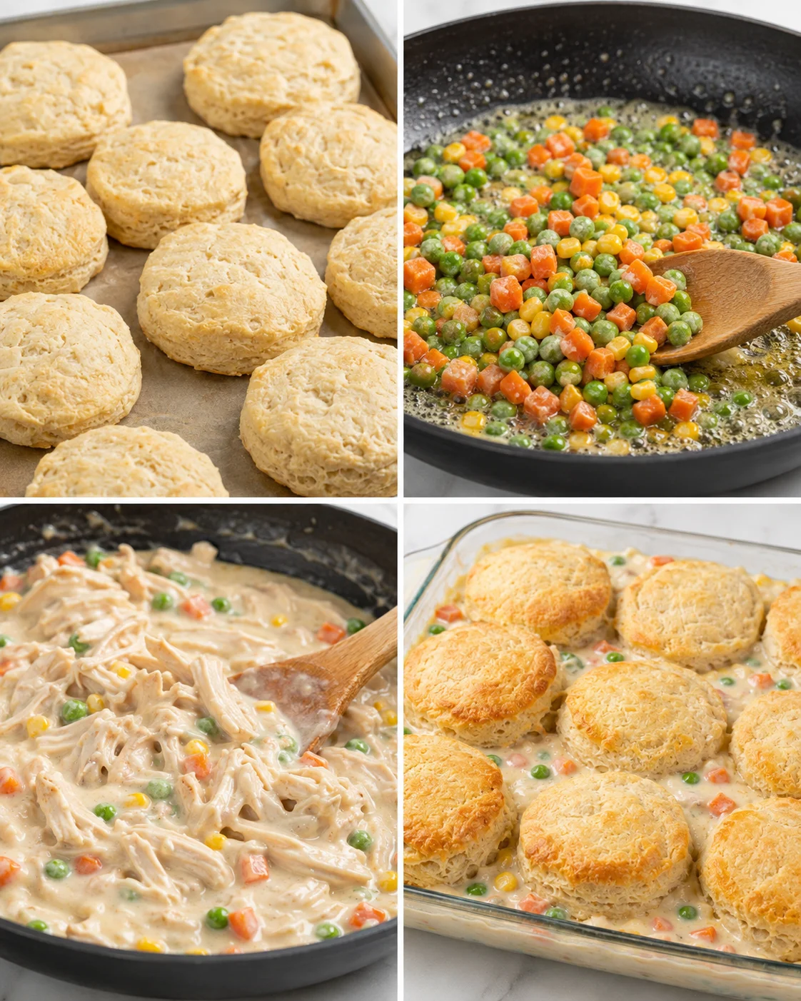 Creamy chicken casserole topped with flaky biscuits on a baking dish.