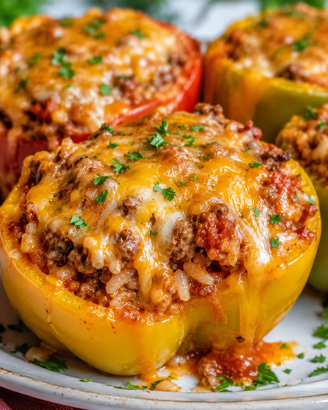 Close-up of cheesy stuffed bell peppers with melted cheese on top