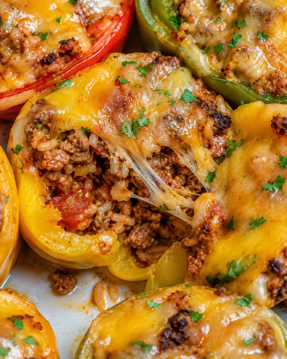 Close-up of cheesy stuffed bell peppers filled with seasoned ground beef and rice.