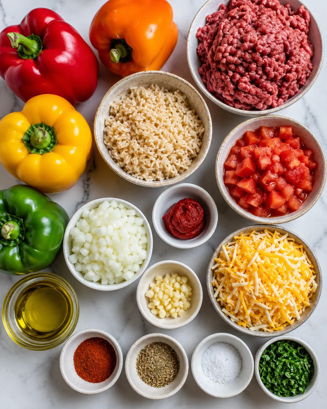 Colorful bell peppers filled with seasoned beef, rice, and topped with melted cheese.