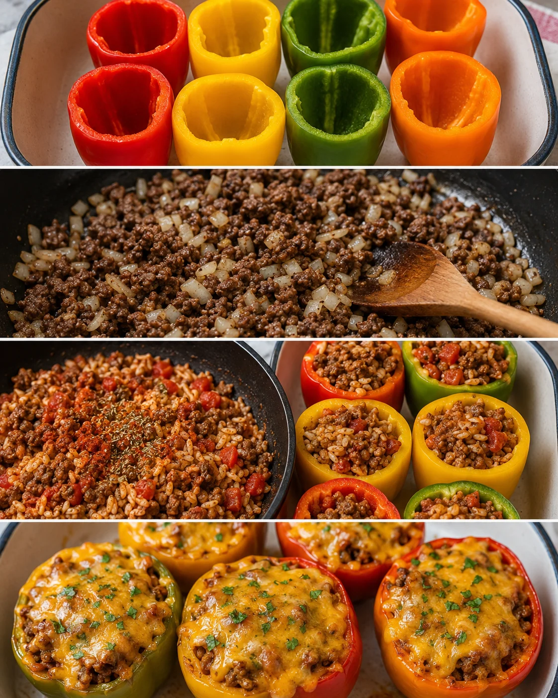 Brightly colored bell peppers filled with seasoned beef, rice, and melted cheese