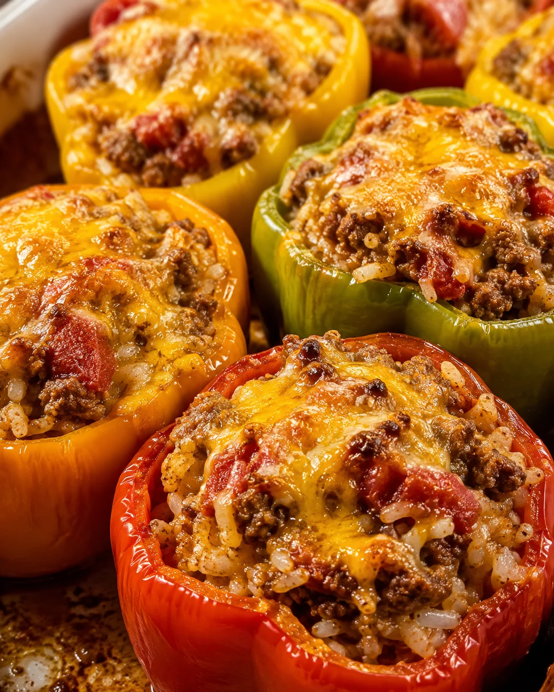 Colorful bell peppers filled with seasoned ground beef, rice, and melted cheese.
