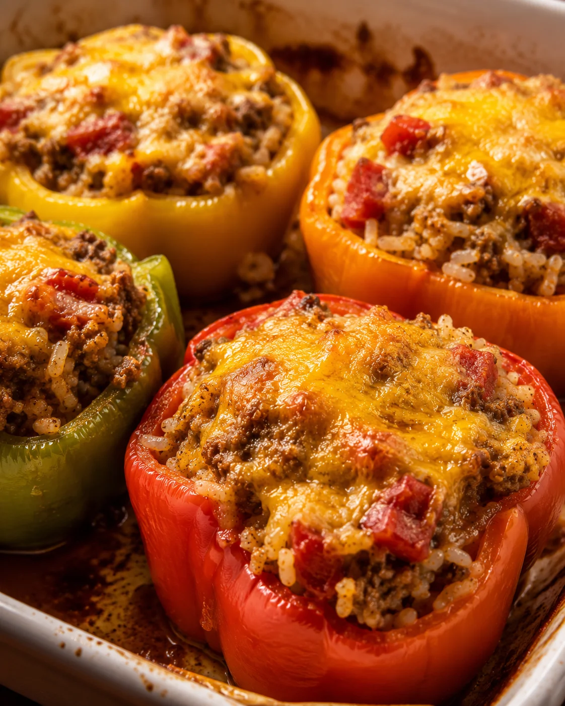 Colorful stuffed bell peppers filled with seasoned meat and melted cheese