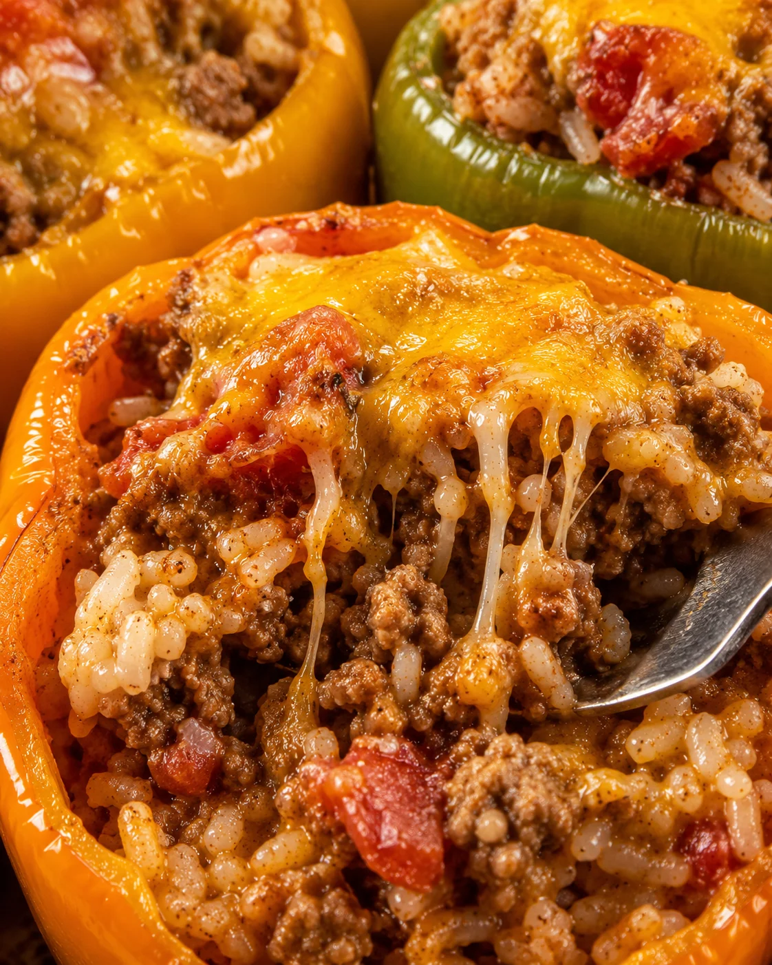 Colorful bell peppers filled with seasoned ground beef, sausage, rice, and melted cheese.