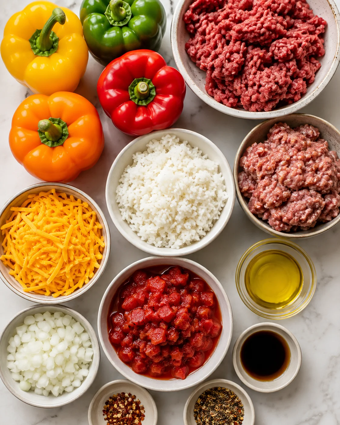 Colorful bell peppers filled with seasoned meat and cheese before baking.