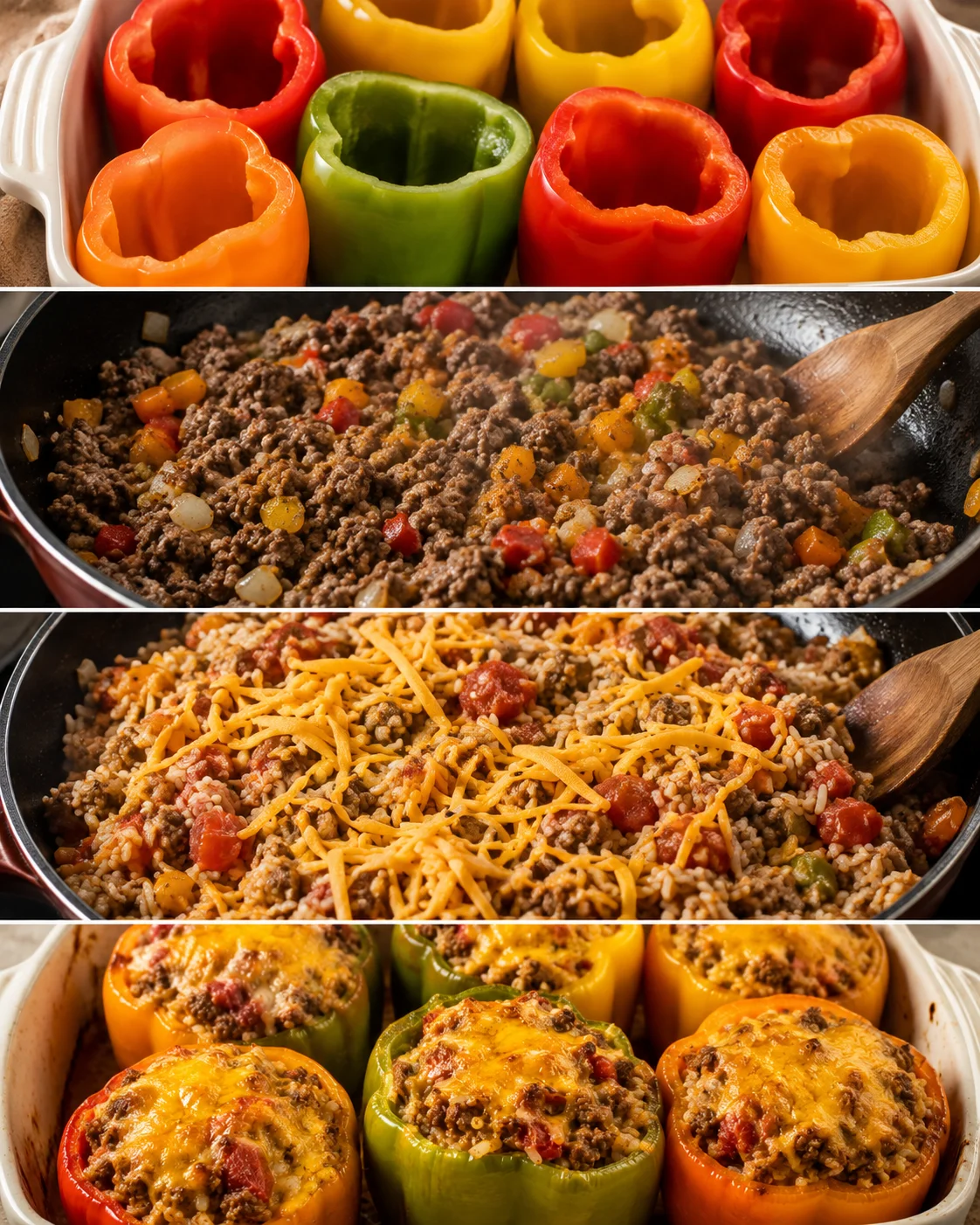 Colorful stuffed bell peppers filled with seasoned meat and cheese, ready to bake.