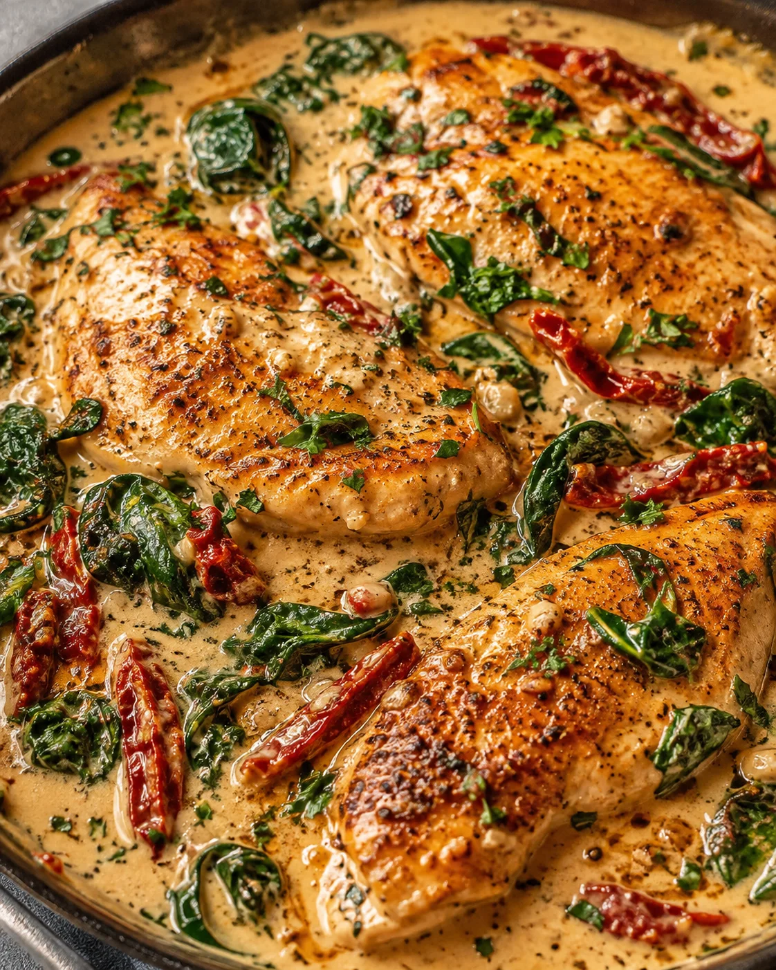 Golden seared chicken with spinach and sun-dried tomatoes in a creamy sauce