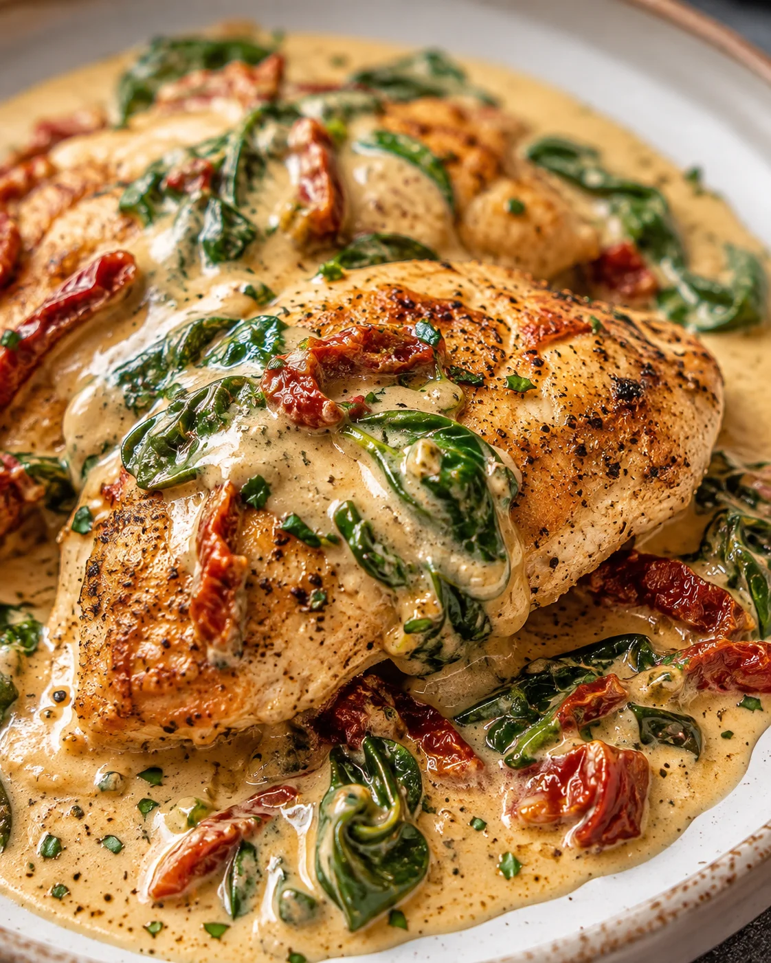 Golden seared chicken in a rich spinach and sun-dried tomato sauce