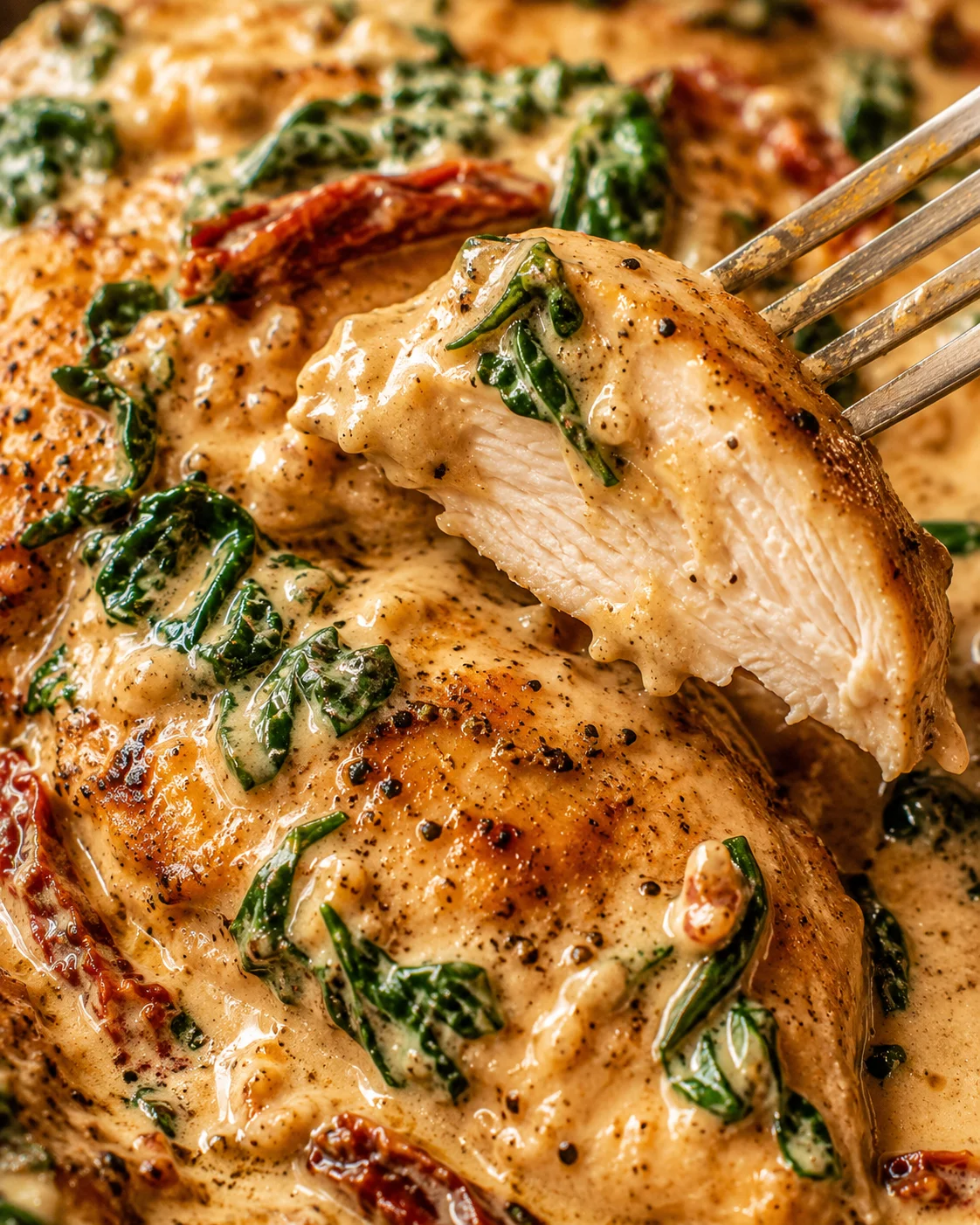 Close-up of creamy Tuscan chicken with spinach and sun-dried tomatoes.