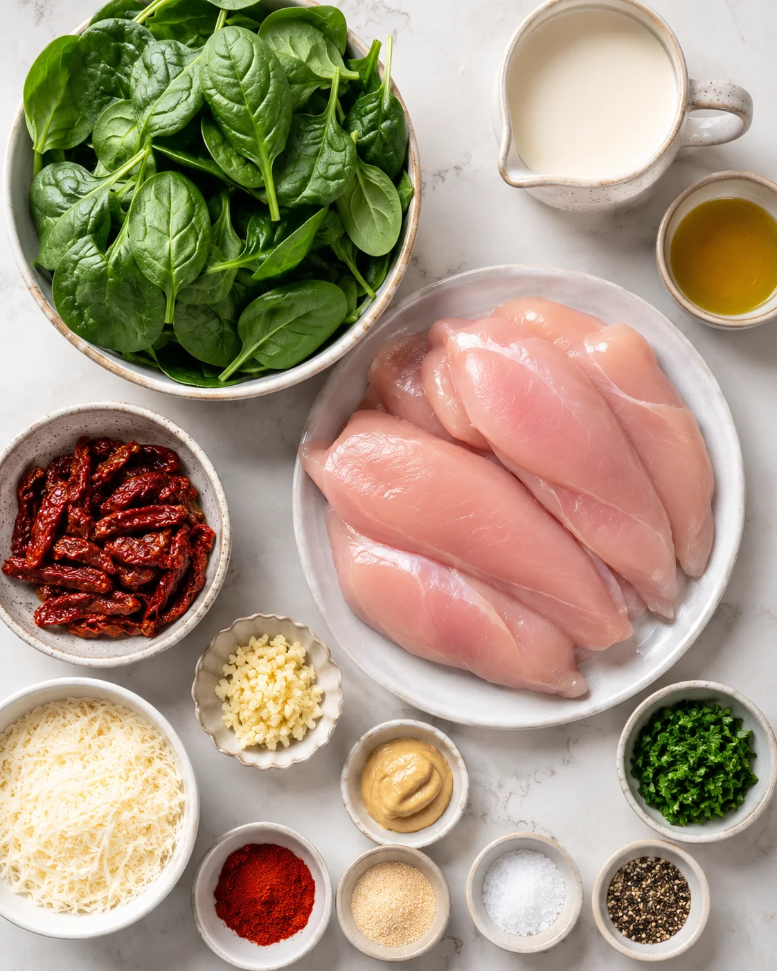 Fresh ingredients for creamy Tuscan chicken including chicken breasts, spinach, sun-dried tomatoes, and cream
