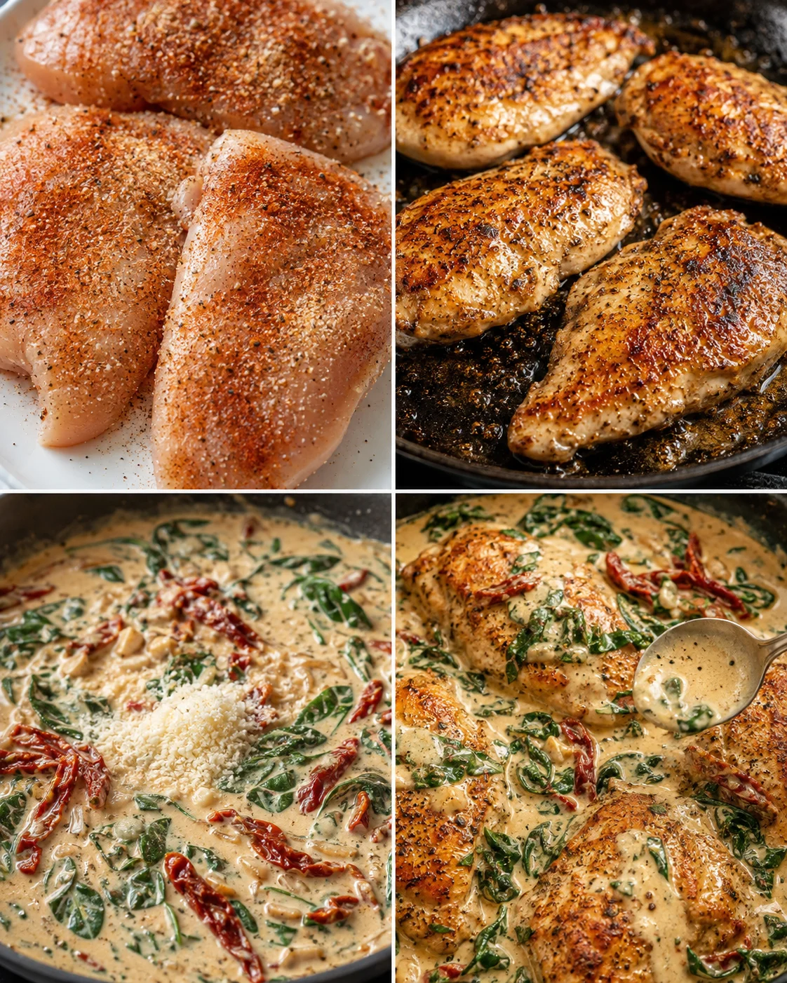 Sizzling seared chicken breasts in a creamy spinach and sun-dried tomato sauce.