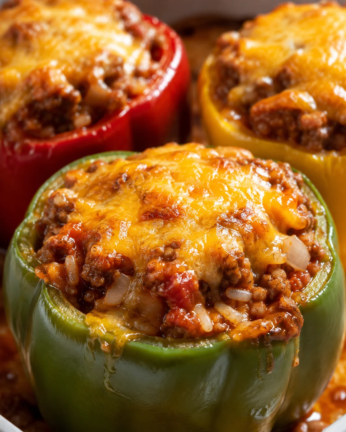 Colorful bell peppers filled with cheesy, savory meat and rice mixture.