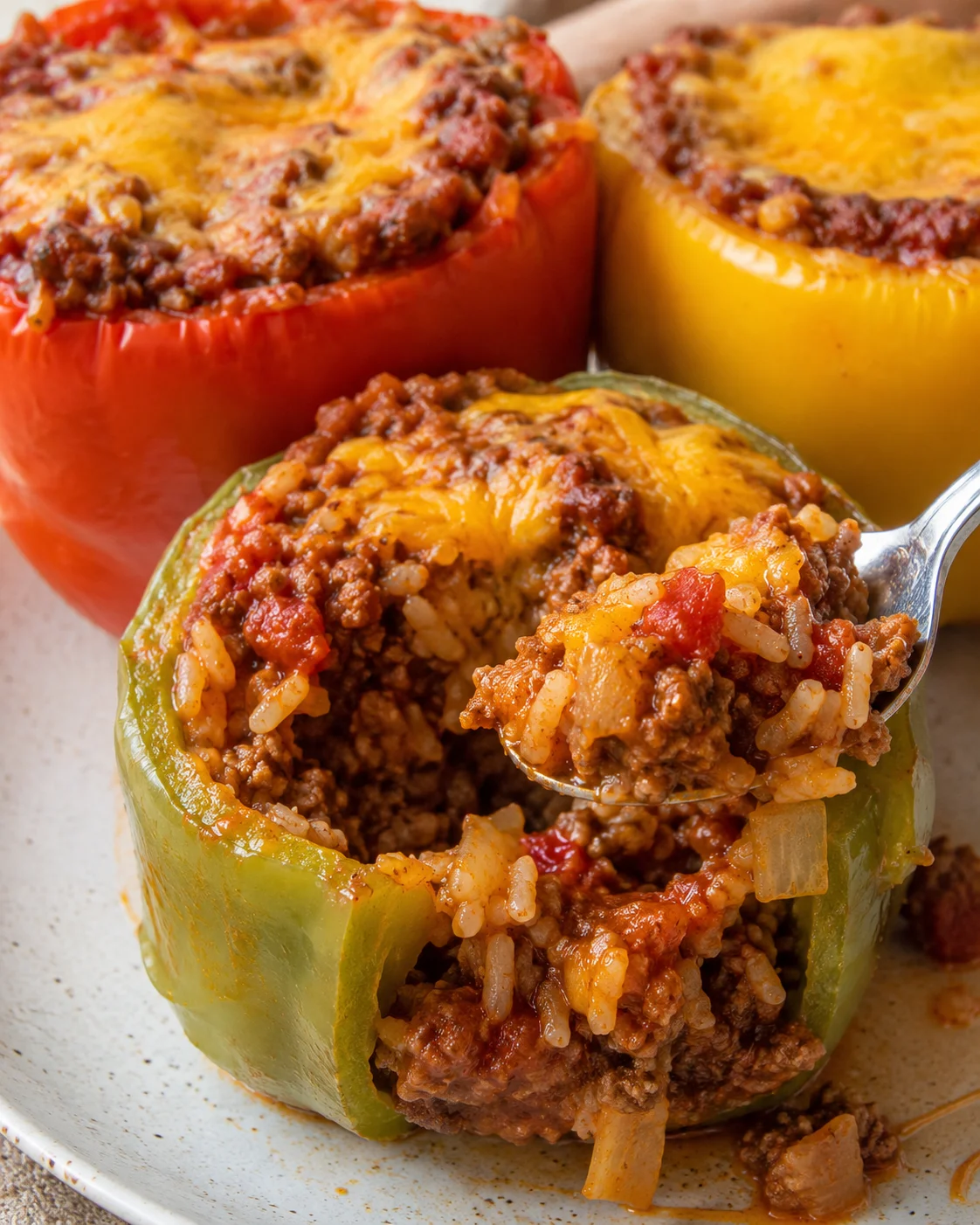 Colorful bell peppers filled with savory meat and rice mixture, topped with melted cheese.