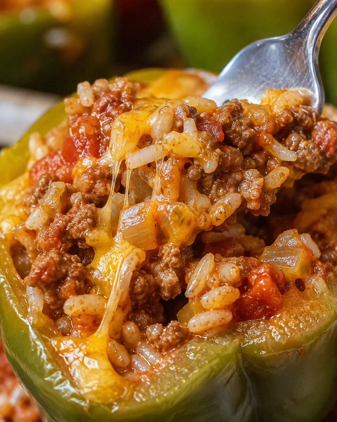 Close-up of a stuffed bell pepper topped with melted cheese and meat filling.