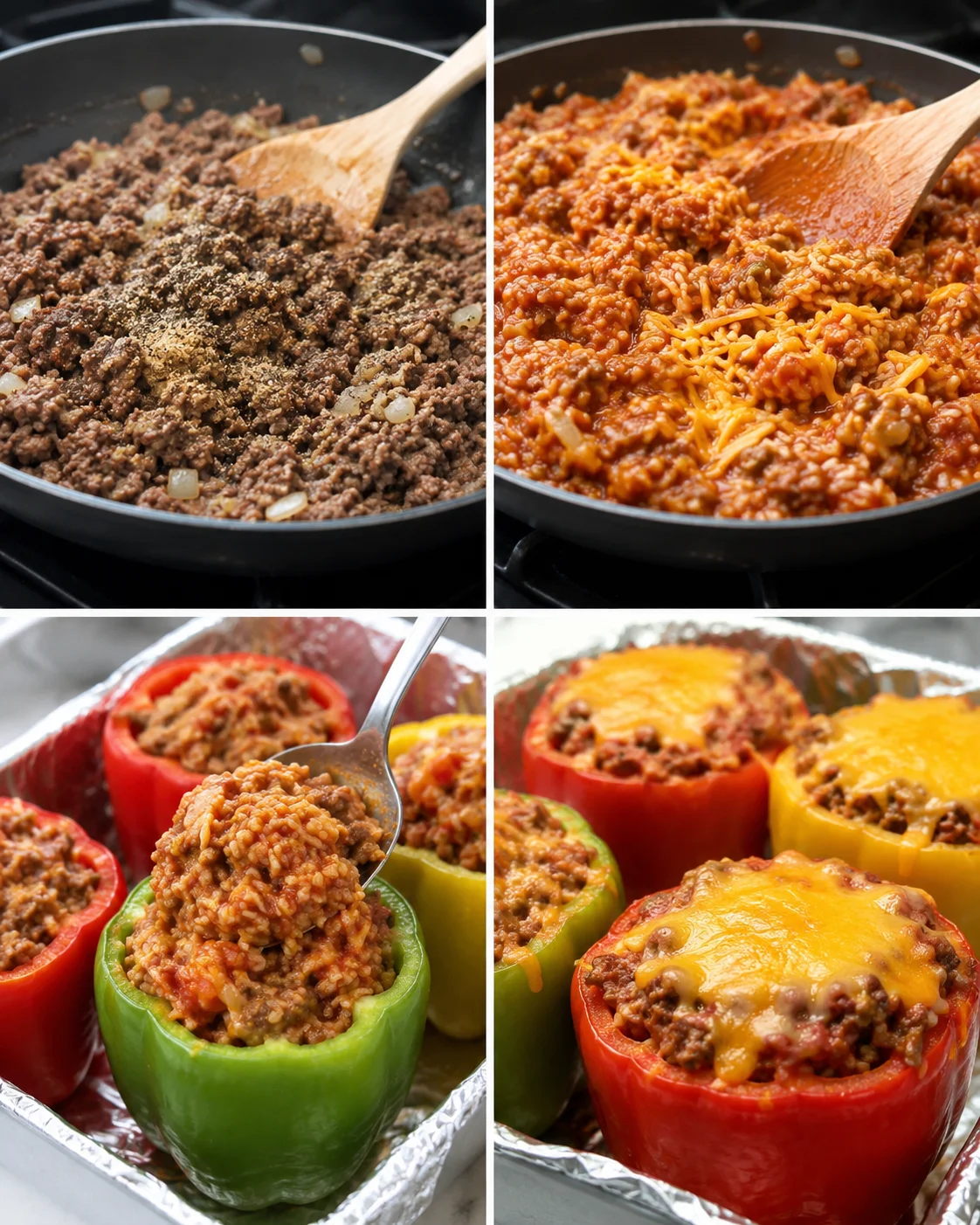 Colorful bell peppers filled with savory meat and rice mixture, ready for baking.