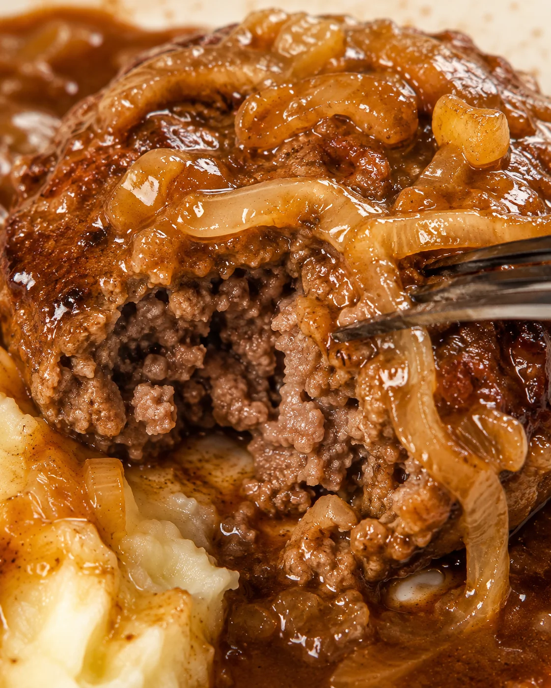 Close-up of Salisbury steak topped with caramelized onion gravy over mashed potatoes