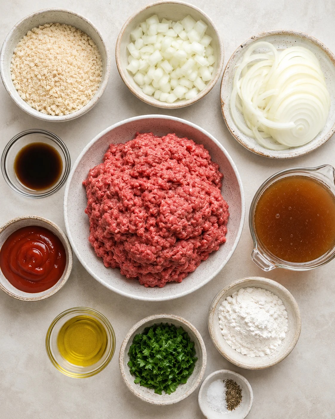 Ingredients for Salisbury steak with onion gravy, including ground beef, onions, and spices.
