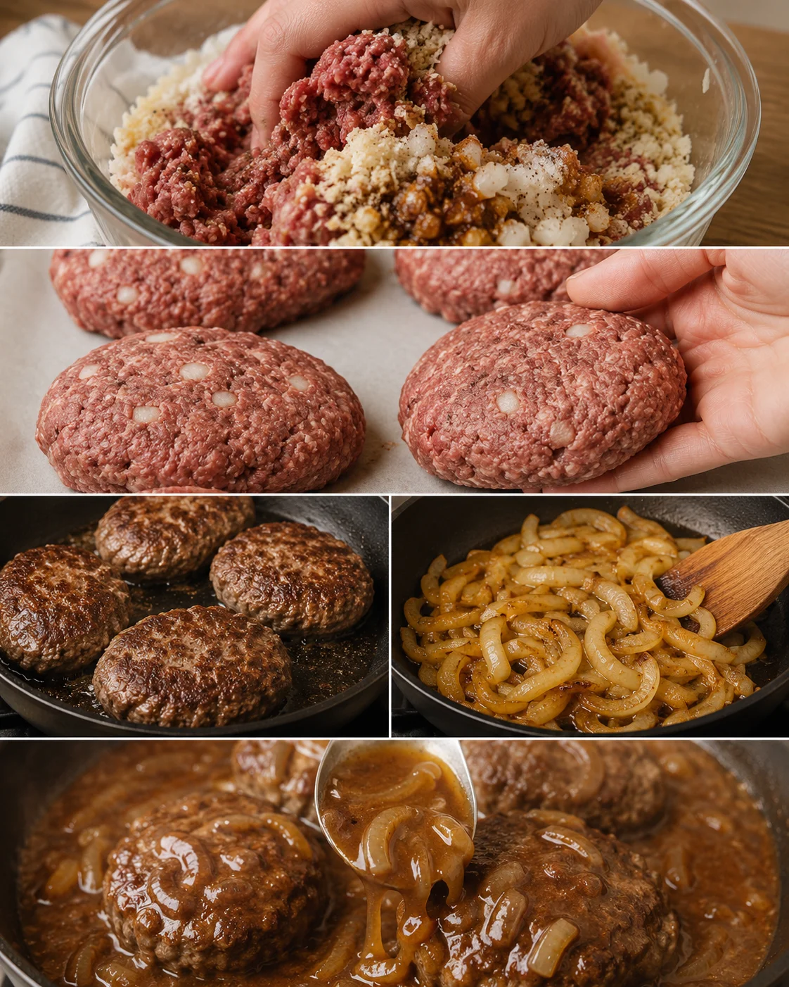 Homemade Salisbury steak served with rich caramelized onion gravy on mashed potatoes