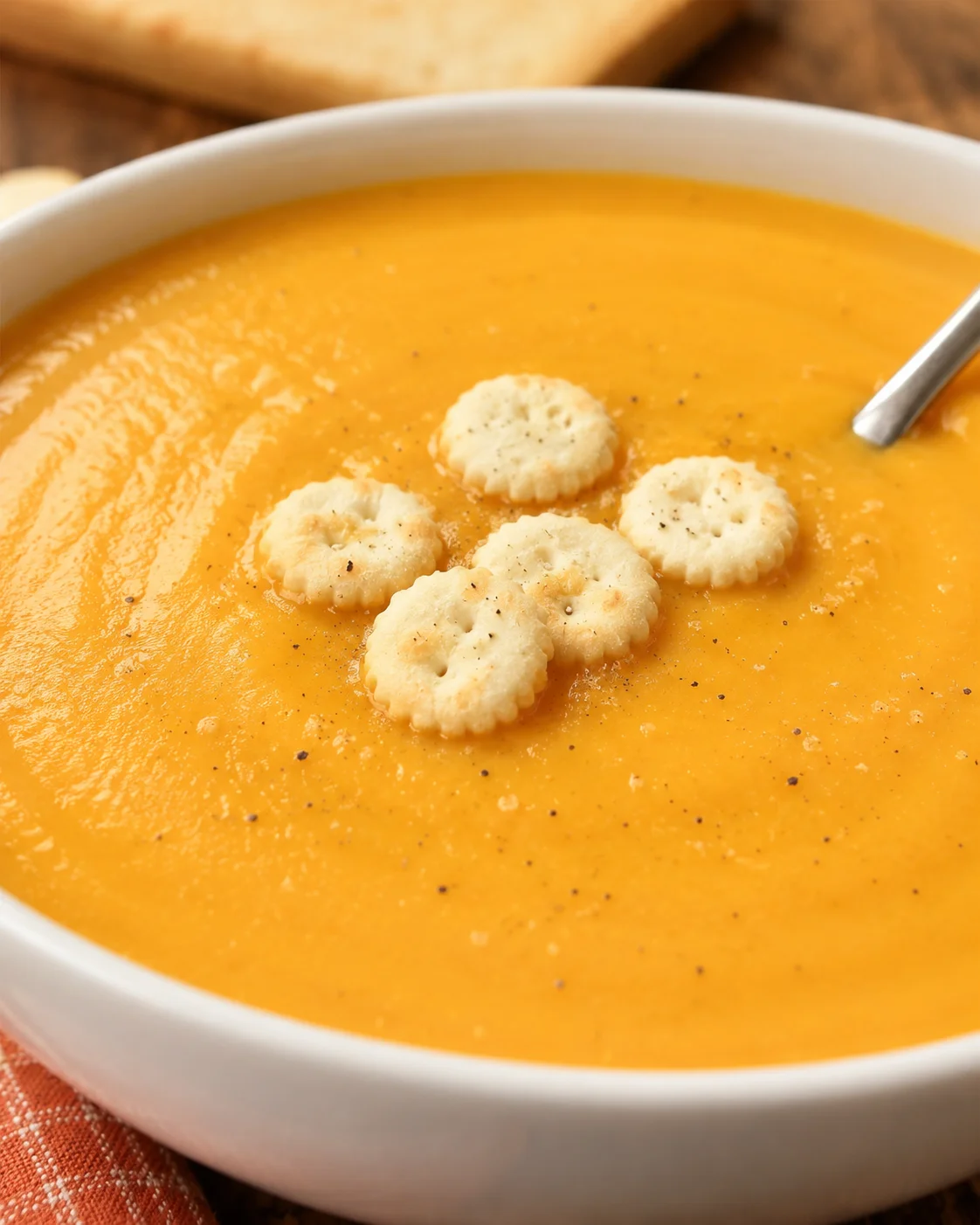 A bowl of creamy, orange butternut squash soup garnished with small crackers.