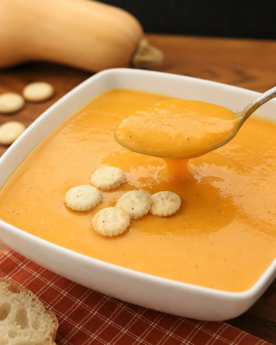 A bowl of creamy butternut squash soup garnished with crackers on top.