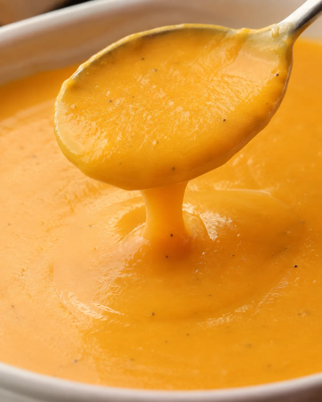 A spoonful of smooth, creamy butternut squash soup in a bowl