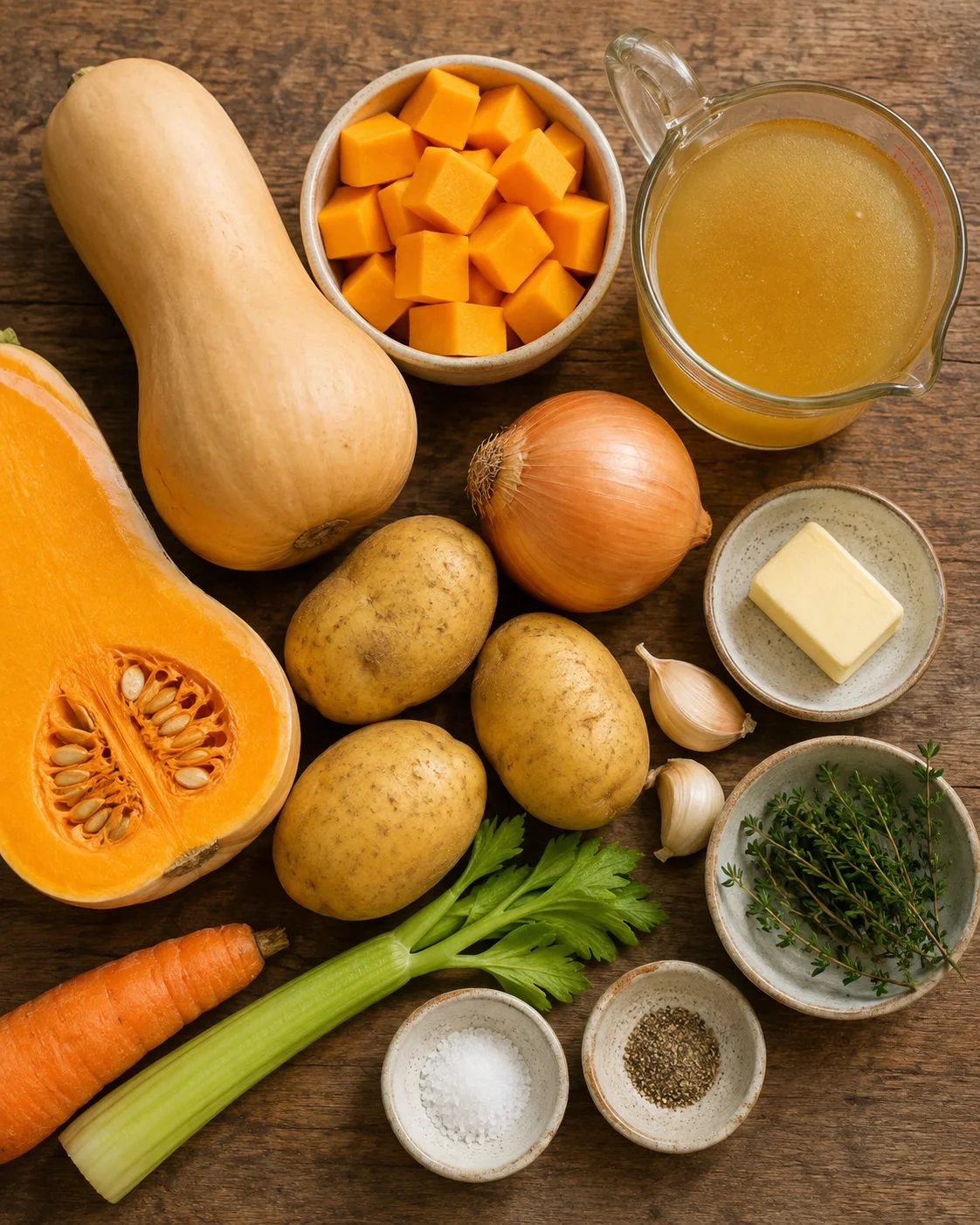 Ingredients for creamy butternut squash soup on a wooden surface.