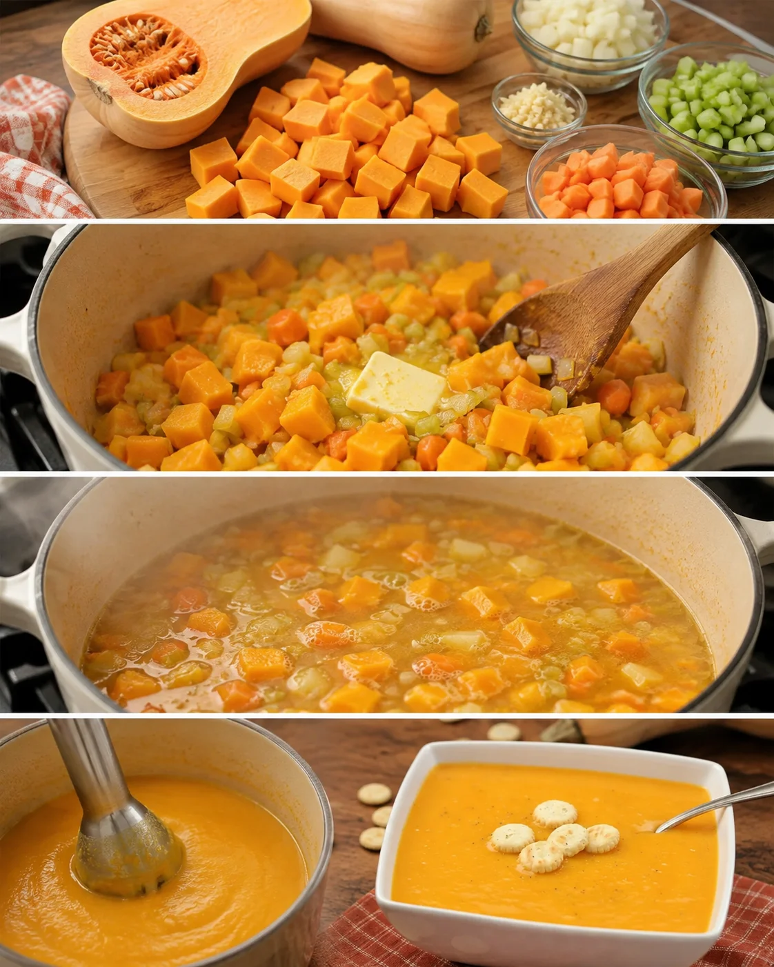 Step-by-step images of preparing creamy butternut squash soup with vegetables.