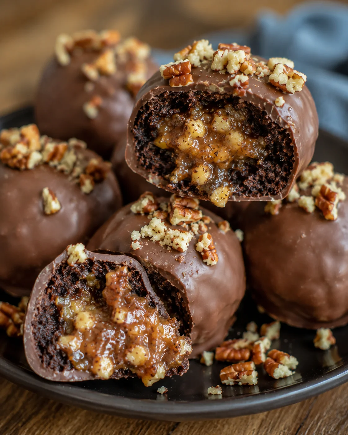 Delicious chocolate-coated brownie bombs filled with pecan pie filling and chopped nuts.