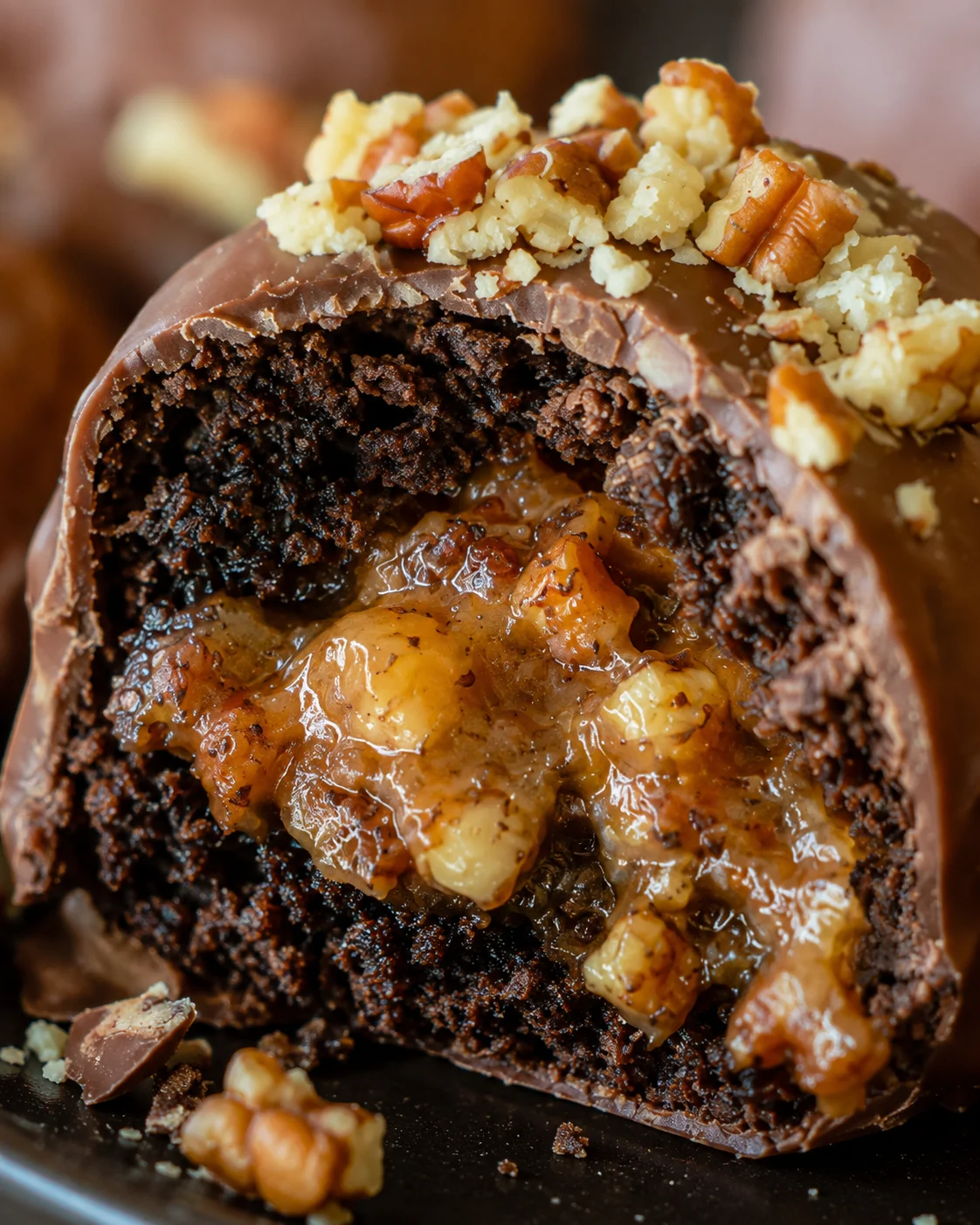 Close-up of a sliced pecan pie brownie bomb with gooey filling and chocolate coating