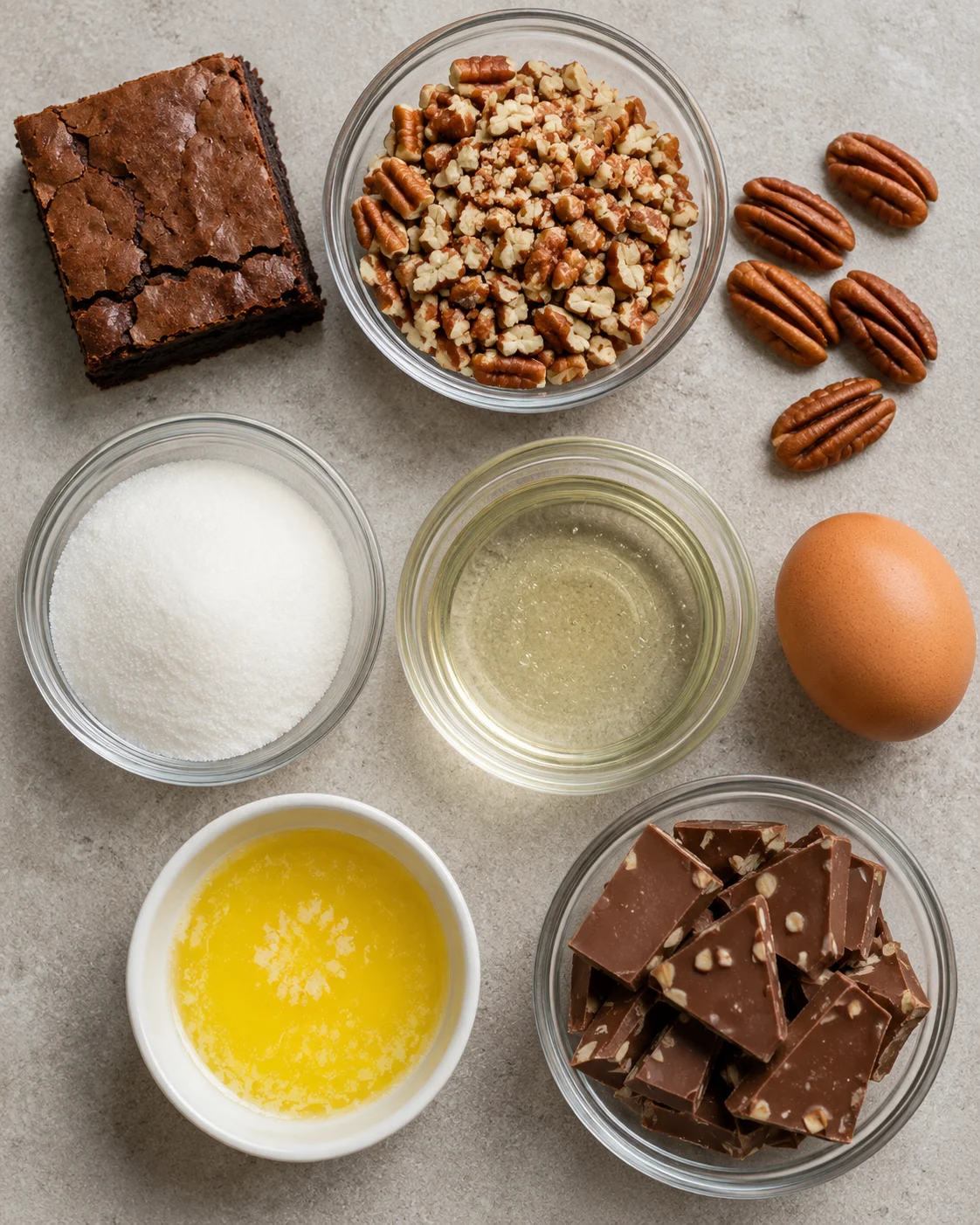 Close-up of ingredients for pecan pie brownie bombs on a light surface.