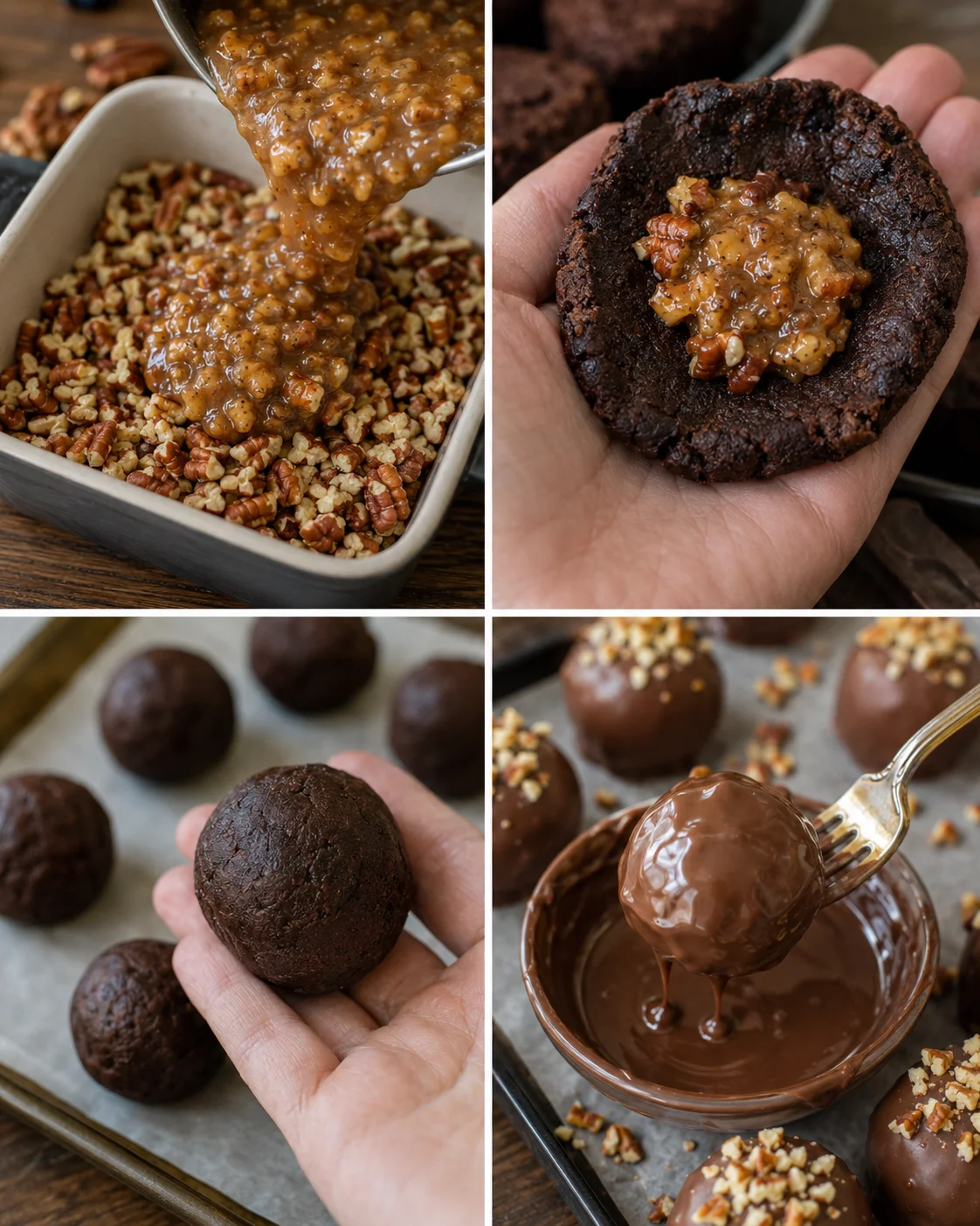 Close-up of gooey pecan pie filling in chocolate-coated brownie balls
