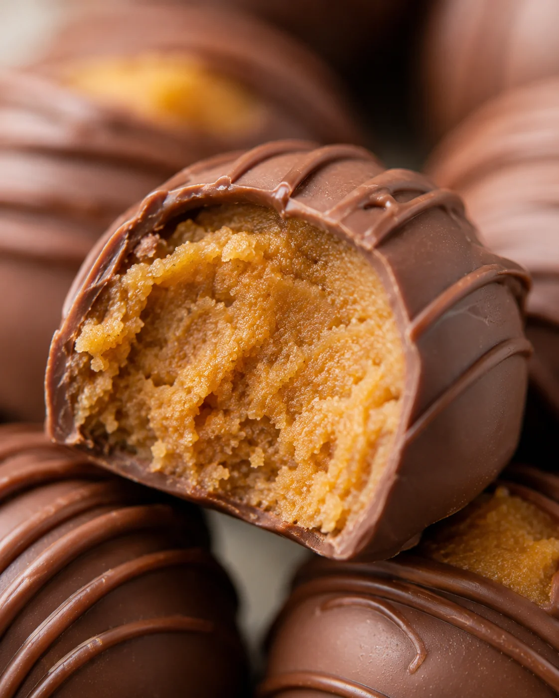 Close-up of a chocolate-coated peanut butter ball with a bite taken out