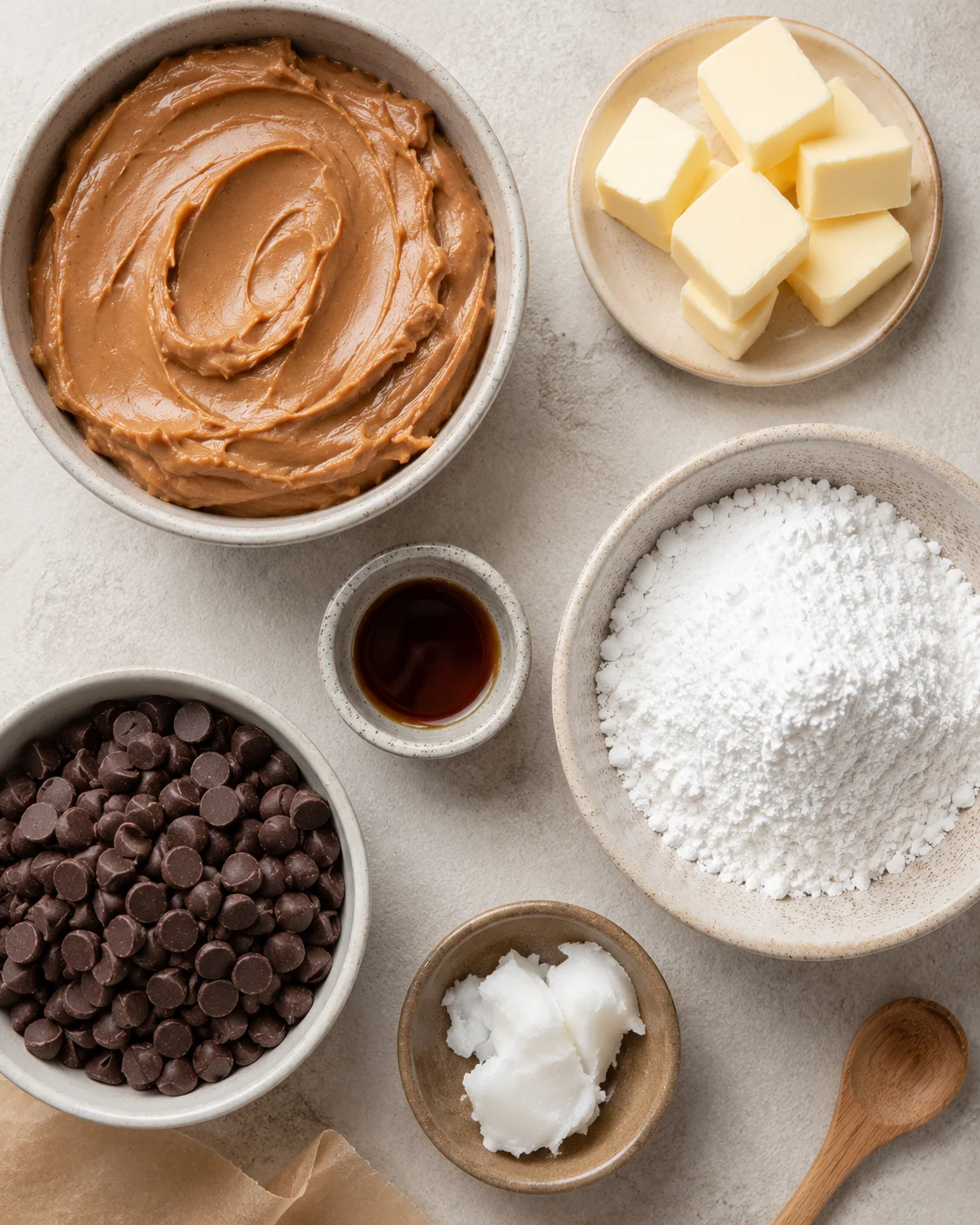 A close-up of ingredients for no-bake peanut butter balls, including chocolate, peanut butter, and powdered sugar.