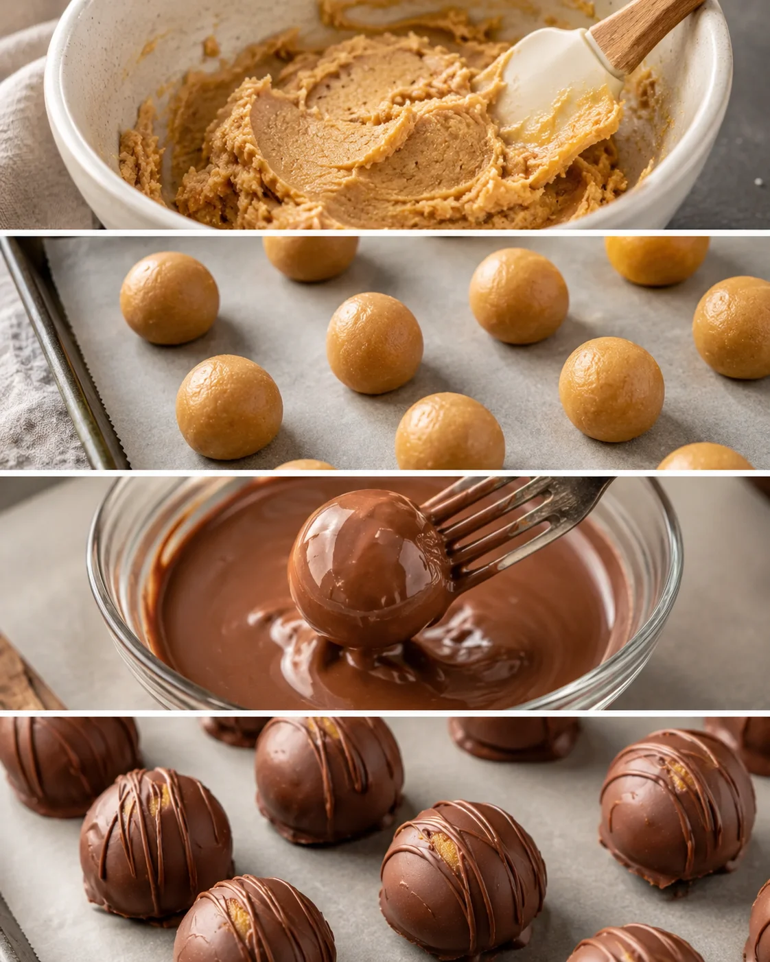 Sweet peanut butter balls coated with smooth, rich chocolate on baking sheet.