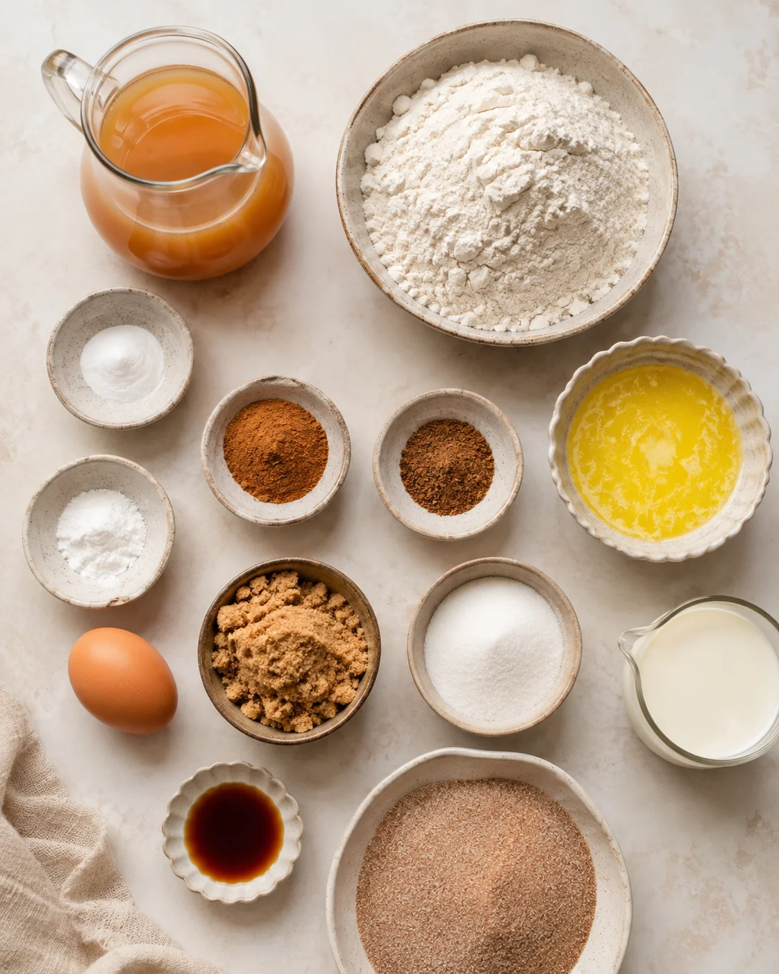 Bowls of ingredients for baked apple cider donuts on a light surface.