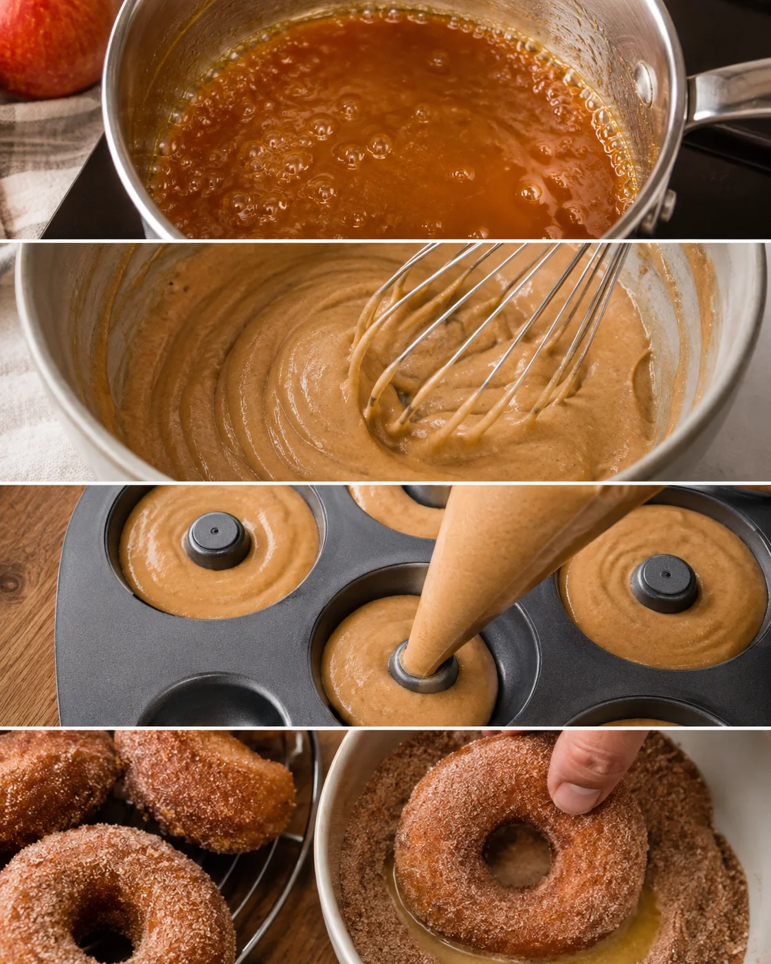 Homemade baked apple cider donuts with cinnamon-sugar coating, fresh from the oven.