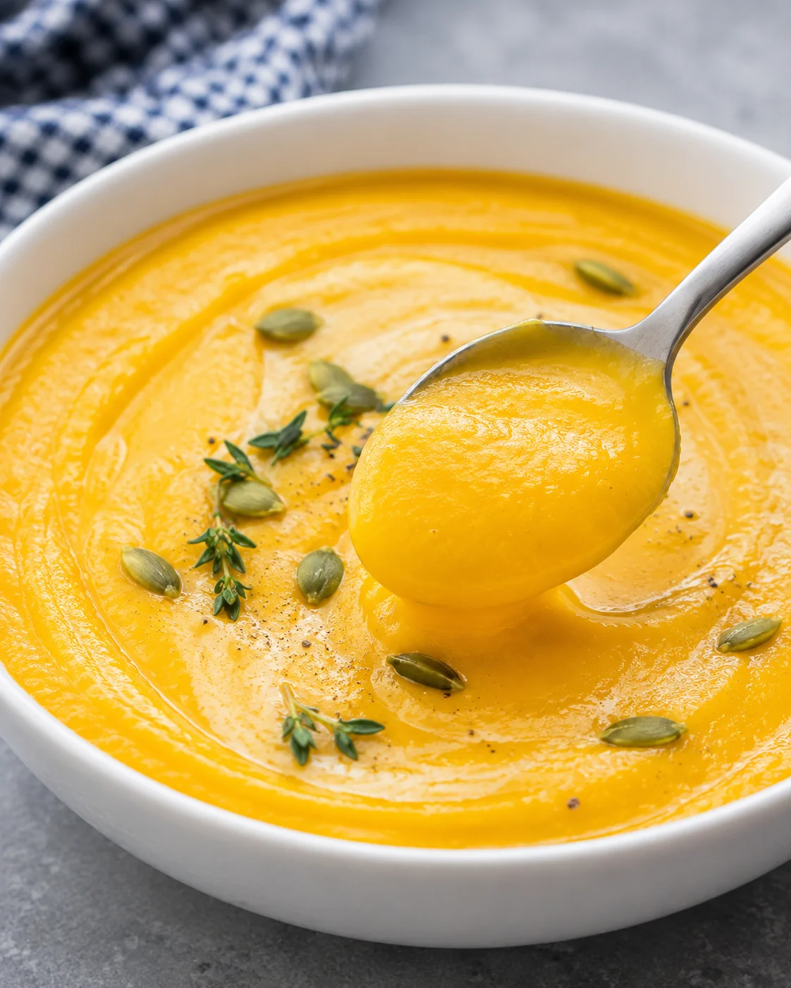 A bowl of smooth, golden butternut squash soup garnished with herbs and pumpkin seeds.