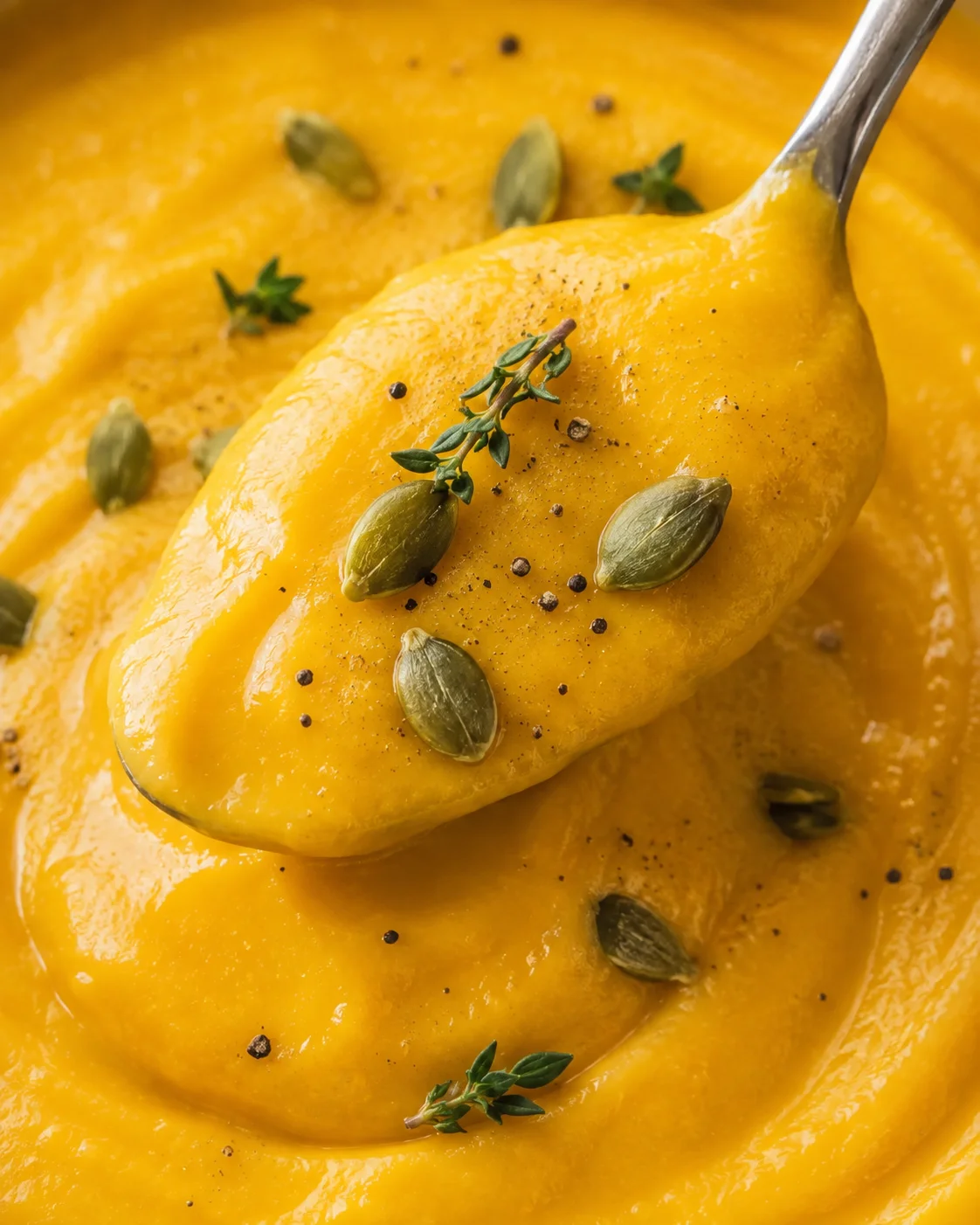 Close-up of vibrant, golden roasted butternut squash soup with sage and pepper garnish
