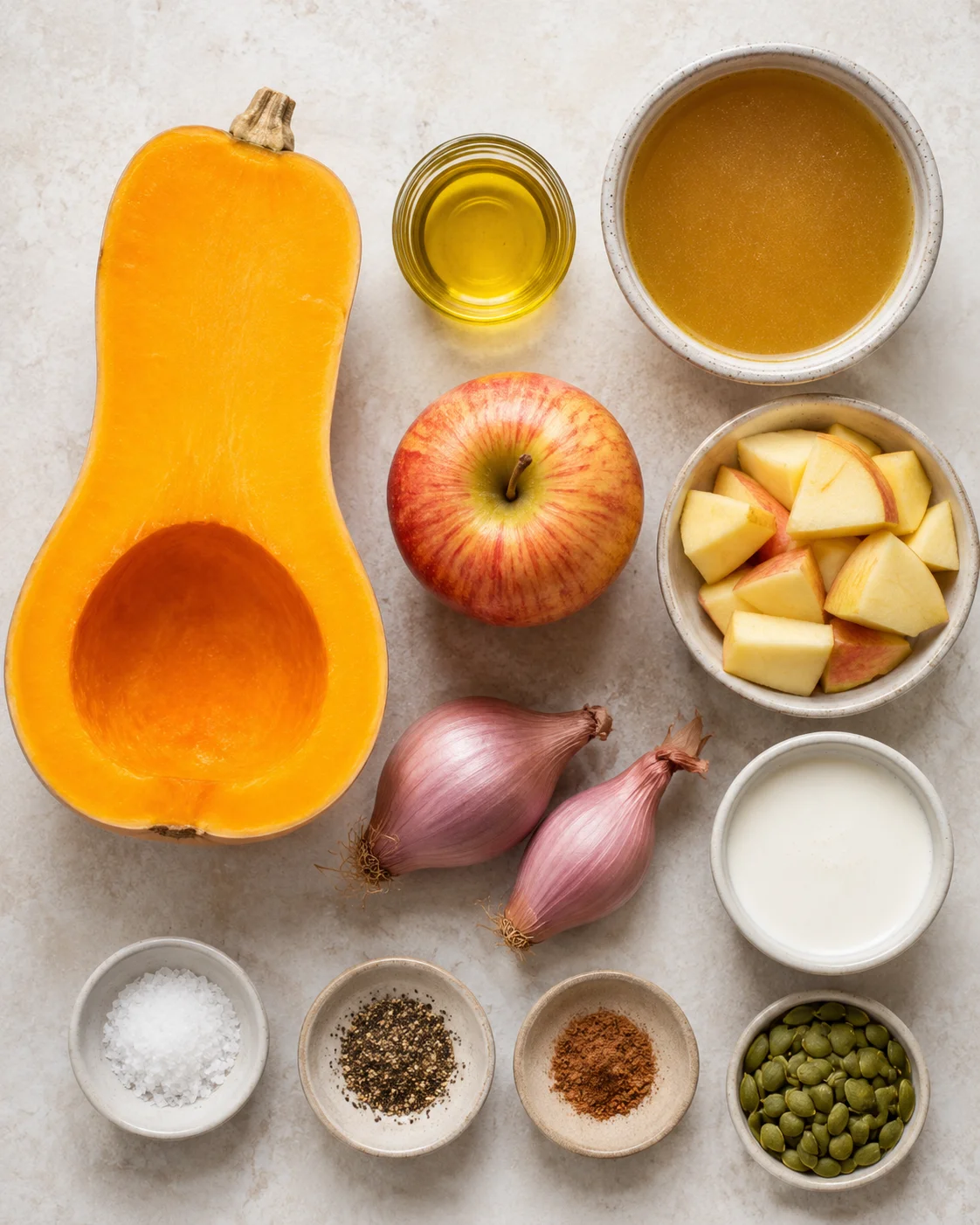 Ingredients for roasted butternut squash soup on a light surface, including squash, apple, and herbs.
