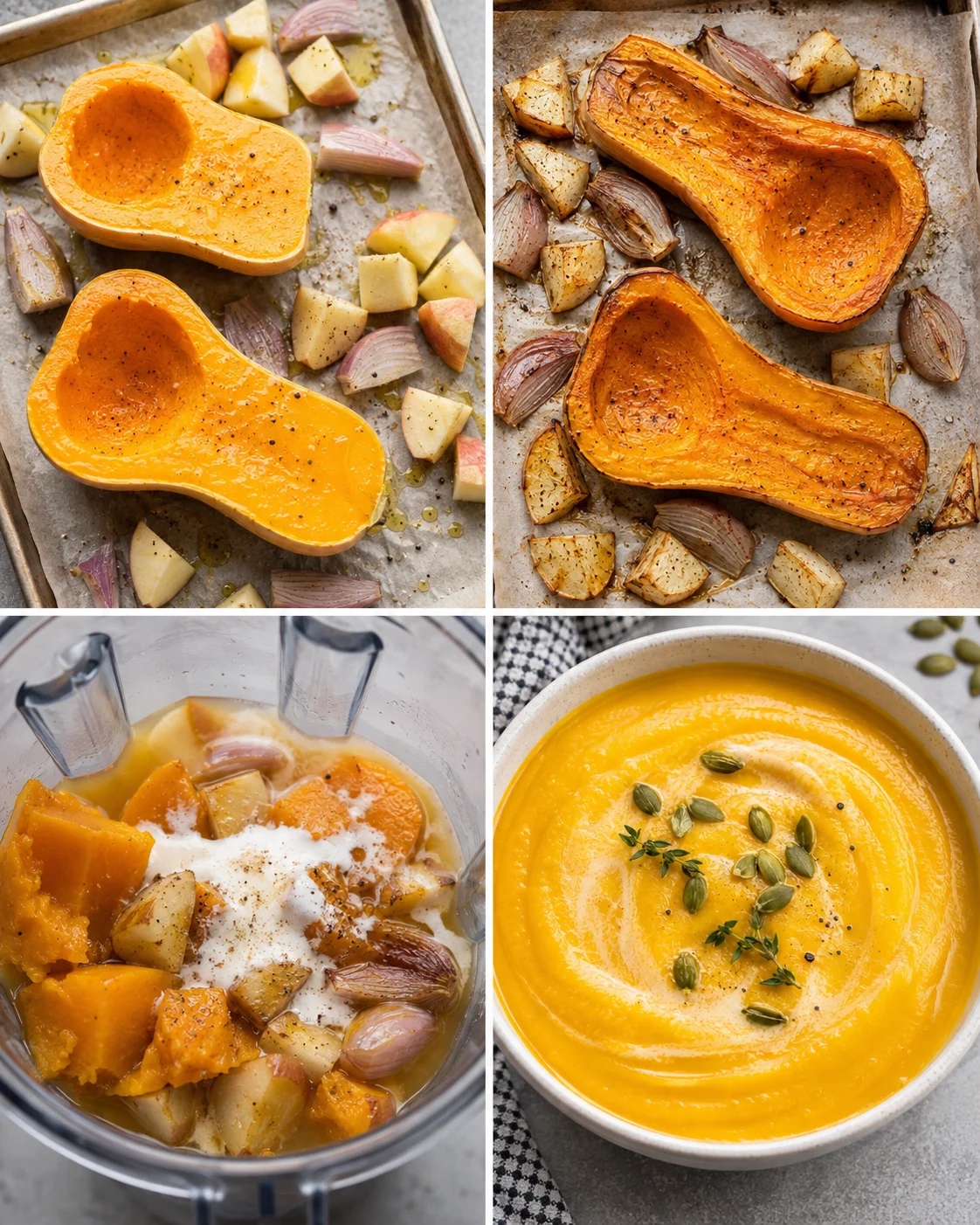 Roasted butternut squash, apple, and shallots oven-ready on baking sheet.