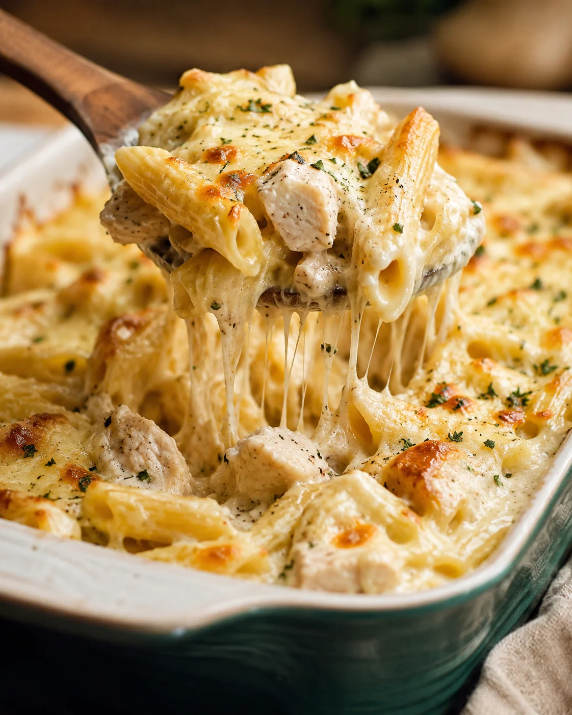 Creamy chicken Alfredo bake with melted cheese and pasta in a casserole dish