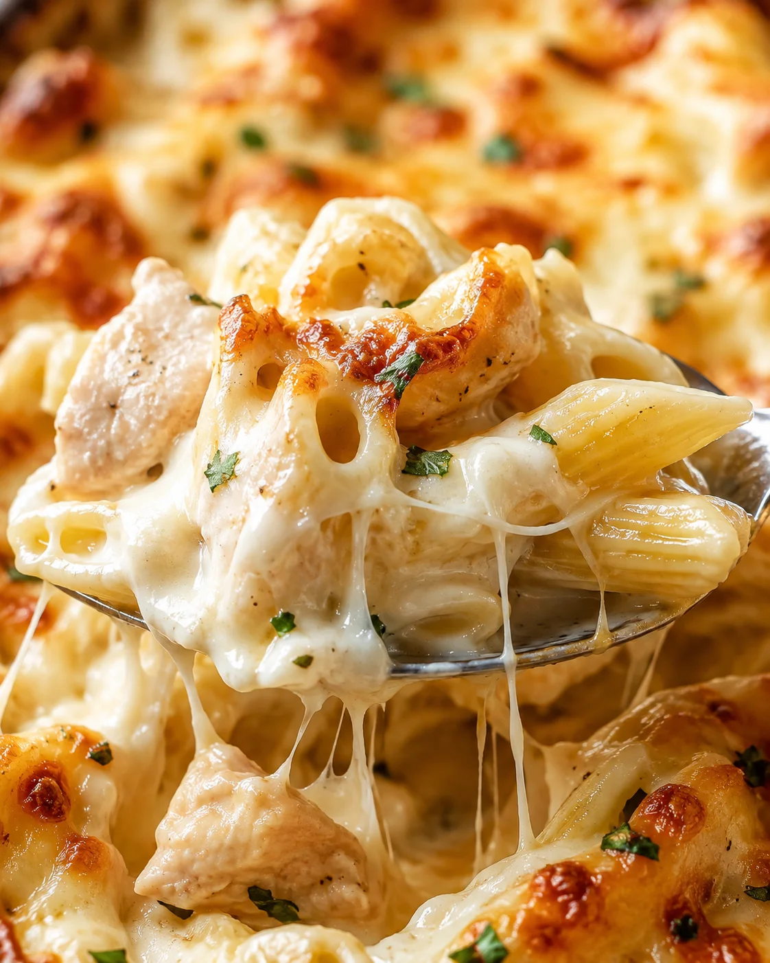 Creamy chicken Alfredo bake with melted cheese and pasta, close-up shot