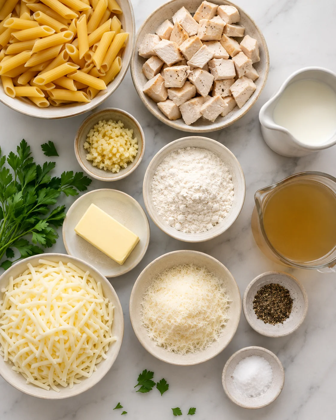 Ingredients for Chicken Alfredo Bake including pasta, chicken, cheese, and sauce.