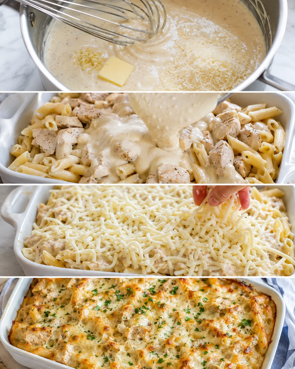 Step-by-step process of making chicken alfredo bake with homemade sauce and cheese