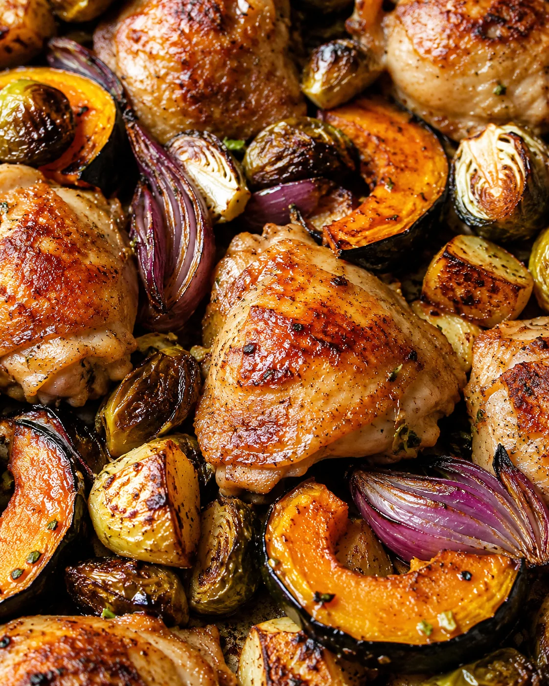 Juicy roasted chicken thighs with caramelized vegetables on one sheet.