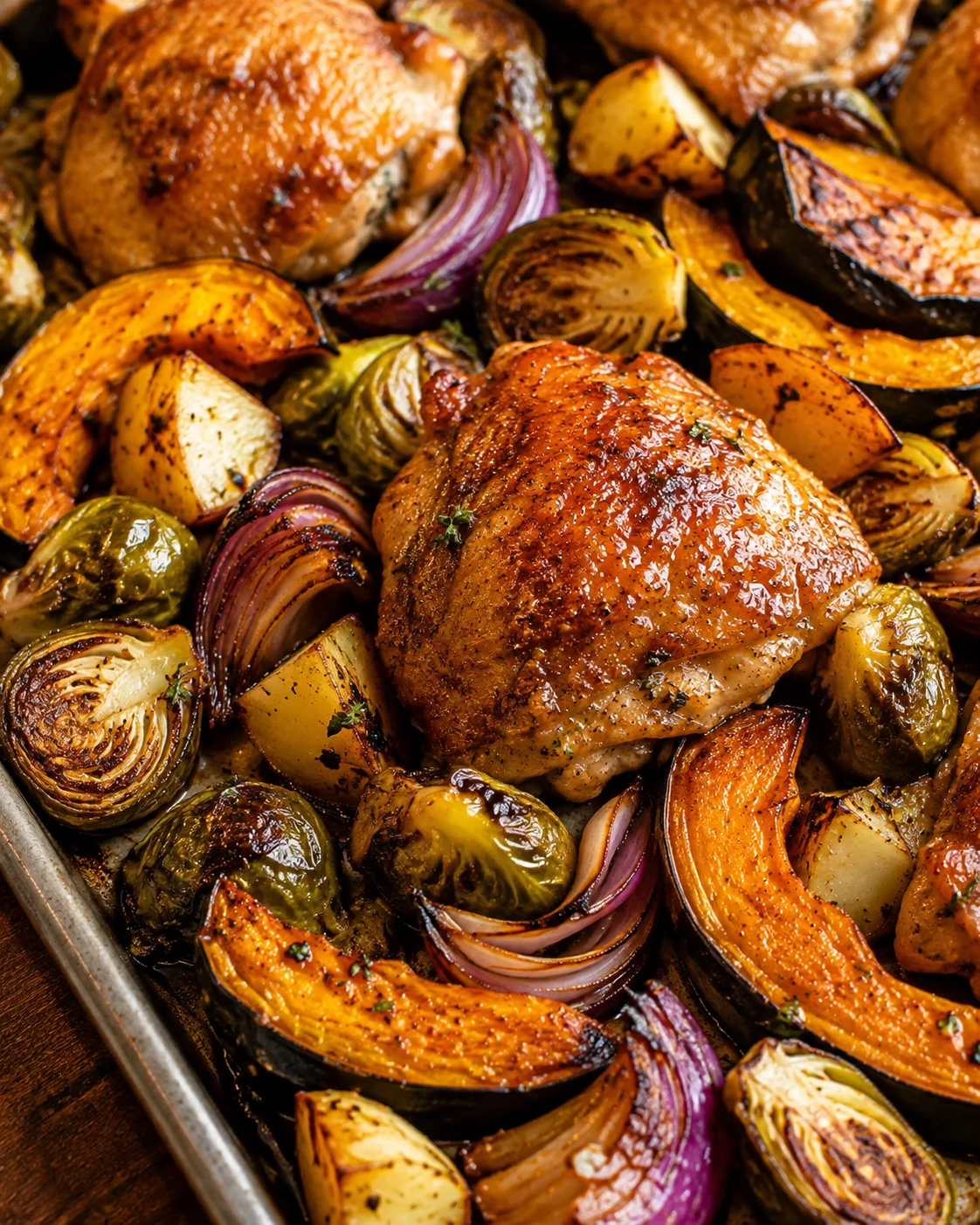 Roasted chicken thighs with caramelized vegetables on a single sheet pan.