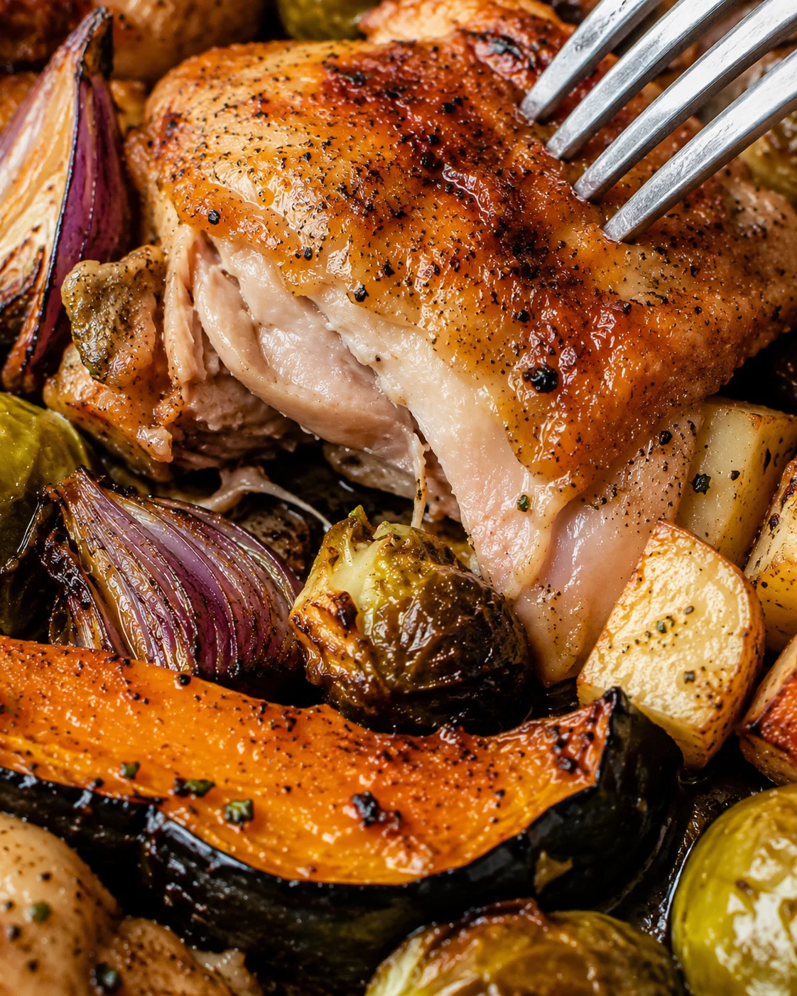 Delicious roasted chicken thighs with caramelized vegetables on a sheet pan.
